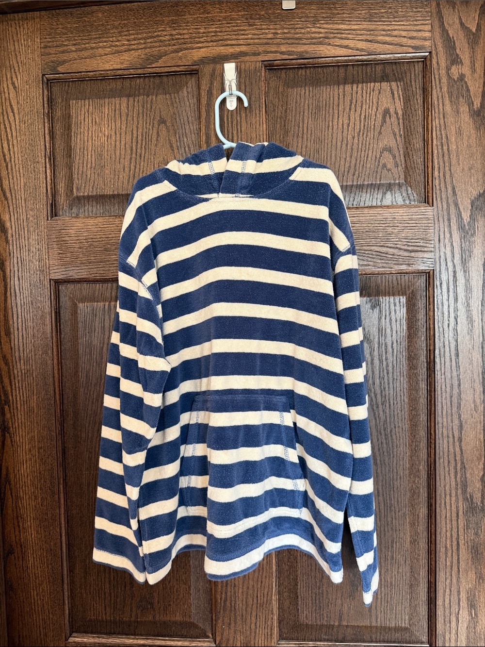 Mini Boden Striped Navy and Cream Kids Hooded Pullover Swim Cover Up